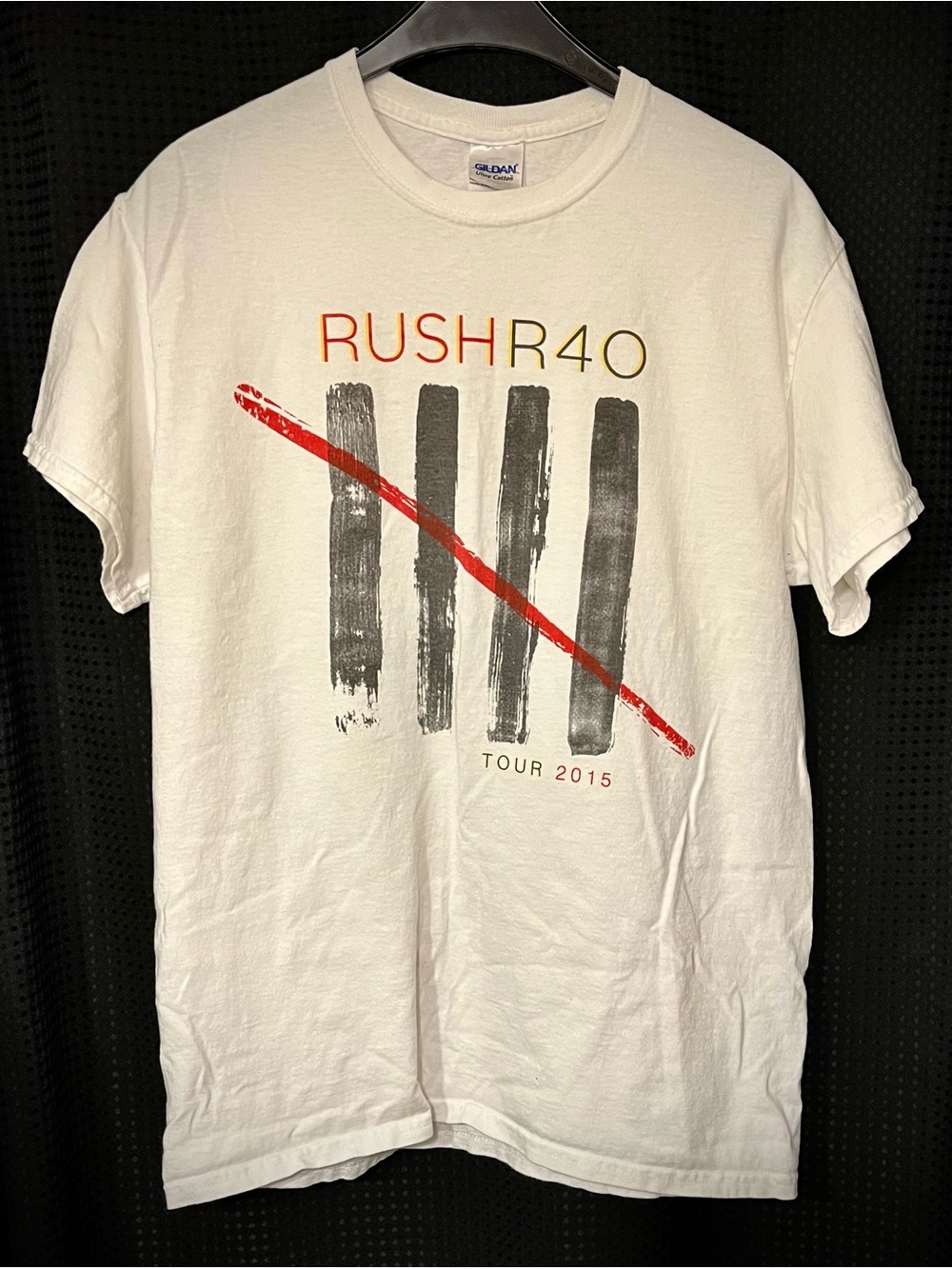 Gildan White RUSH R40 Tour 2015 Graphic Tee with Black Bars and Red Diagonal